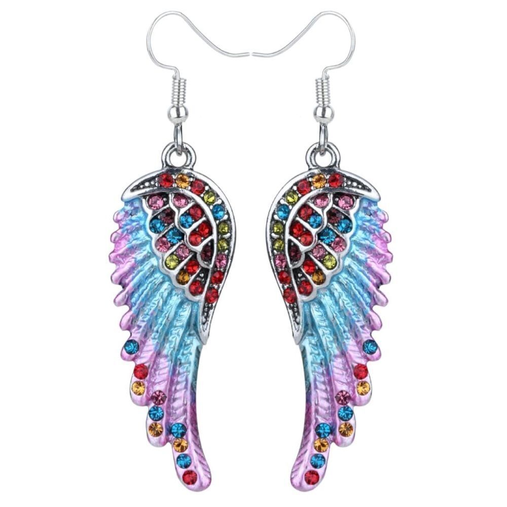 Silver with Multicolored Crystal Angel Wing Dangle Drop French Hook Earrings